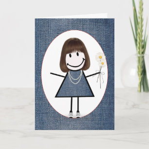 Stokfiguur meisje met verjaardag en madeliefjes  kaart