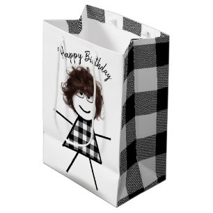 Stokpoppetje met haar en Buffalo ruitpatroon Medium Cadeauzakje