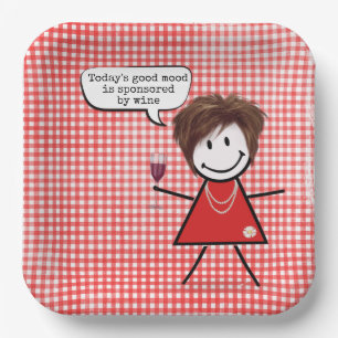 Stokpoppetje Met Wijn Glas Op Gingham Papieren Bordje
