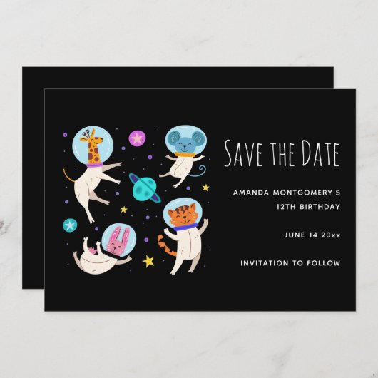 Stomme astronautdieren die in de ruimte zweven save the date (Voorkant / Achterkant)