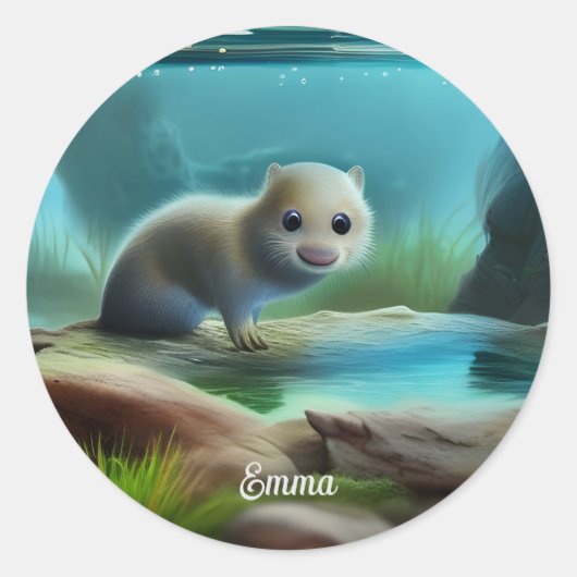 Stomme baby otter in vijver - personaliseerbaar ronde sticker (Voorkant)