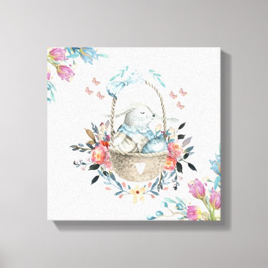 Stomme Bunny in een mand met eieren en  bloemen Canvas Afdruk (Voorkant)