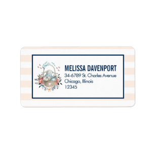 Stomme Bunny in een mand met eieren en bloemen Etiket