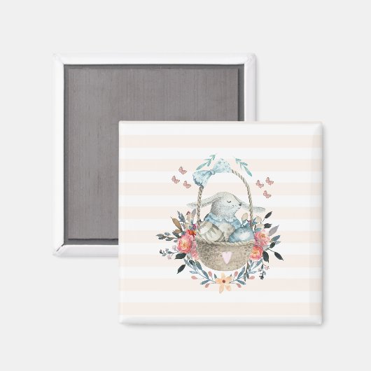 Stomme Bunny in een mand met eieren en  bloemen Magneet (Voorkant / Achterkant)