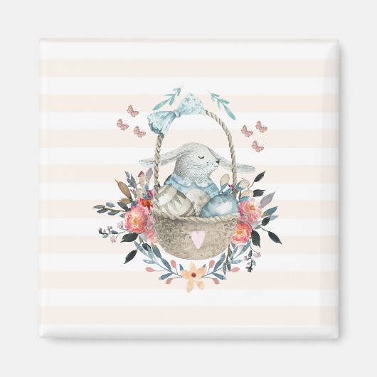 Stomme Bunny in een mand met eieren en  bloemen Magneet (Voorkant)