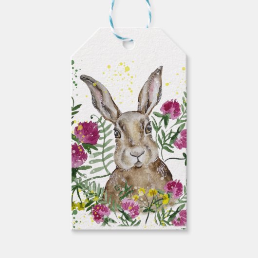 Stomme bunny in waterverf bloemen cadeaulabel (Voorkant)