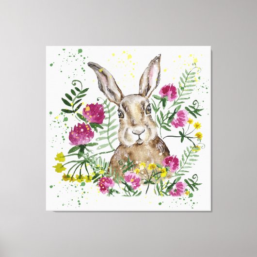 Stomme bunny in waterverf bloemen canvas afdruk (Voorkant)