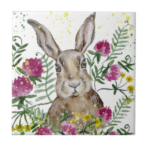 Stomme bunny in waterverf bloemen tegeltje