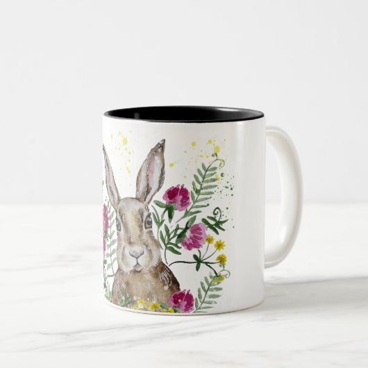 Stomme bunny in waterverf bloemen tweekleurige koffiemok (Voorkant rechts)