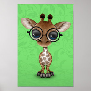 Stomme Curieuze Baby Giraffe Wearing Glasses on Gr Poster