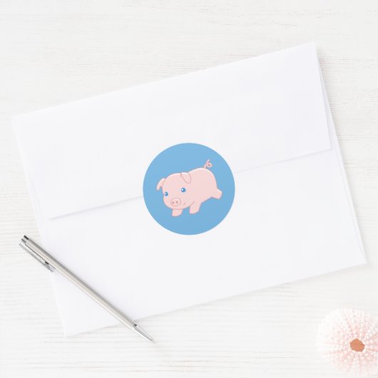 Stomme draaiende biggen op blauw ronde sticker (Envelop)