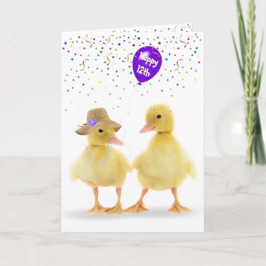 Stomme eenden met 12e jaarballon kaart (Voorkant)