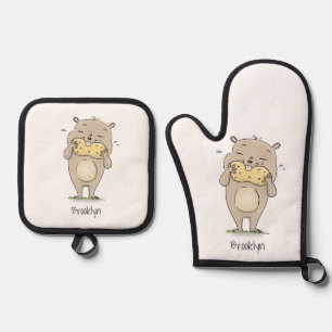 Stomme glimlachende hamster met pinda-cartoon ovenwant & pannenlap set