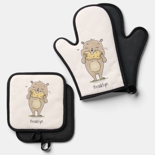 Stomme glimlachende hamster met pinda-cartoon ovenwant & pannenlap set (Voorkant / Achterkant)