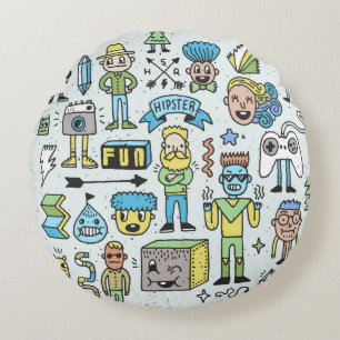 Stomme hipsters doodle set 2. Kleurrijke hand Rond Kussen