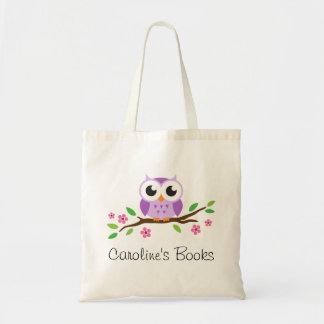 Stomme paarse uil op tak gepersonaliseerde bibliot tote bag