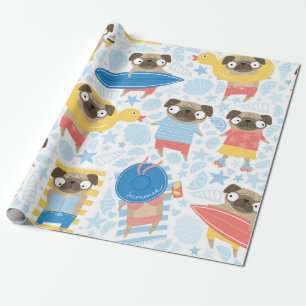 Stomme pugs op vakantie. patroon met cartoon cadeaupapier