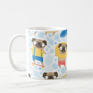 Stomme pugs op vakantie. patroon met tekenfilm koffiemok