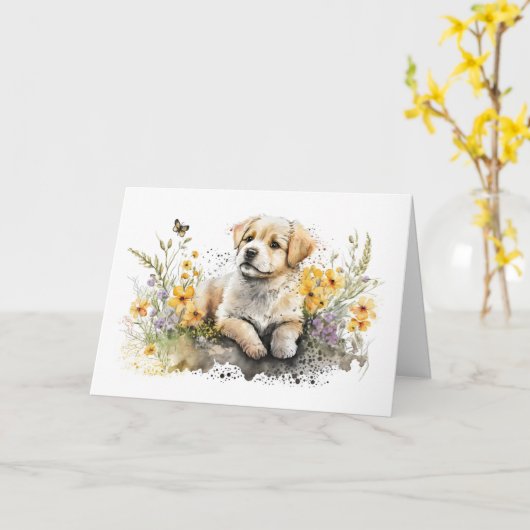 Stomme puppy in de baard. kaart (Gele Bloem)