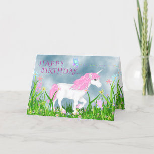 Stomme roze en witte unicorn met Bloemen Birthday Kaart