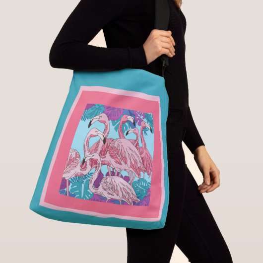 Stomme roze flamingos op roze en munt crossbody tas (Dichtbij)