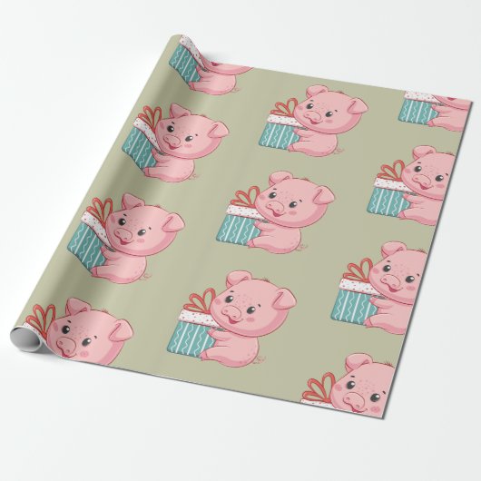 Stomme roze piglet met cadeaudoos cadeaupapier (Uitgerold)