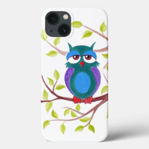 Stomme slaperige uil op een cartoon iPhone 13 hoesje
