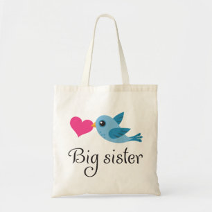 Stomme vogel met liefdeshart grote zus tote bag