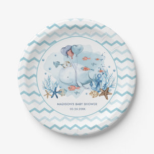 Stomme walvis onder het Zee Nautical Boy Baby show Papieren Bordje