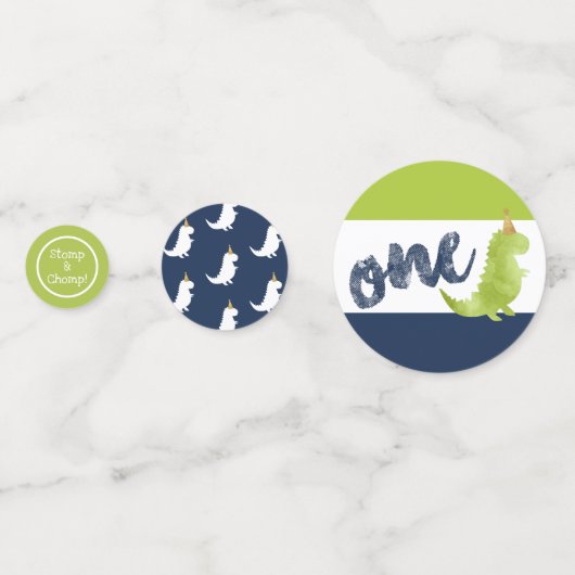 Stomp and Chomp Dinosaur First Birthday Green Dino Confetti (Achterkanten)