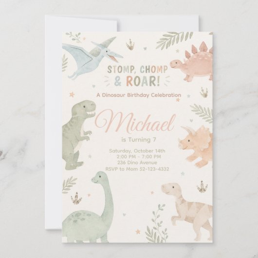 Stomp Chomp And Roar Dinosaur Invitation Editable (Devant)