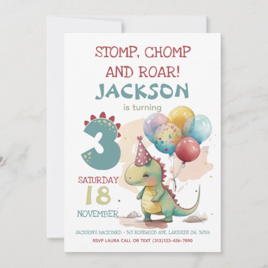Stomp, Chomp, Chomp Dinosaurus 3e Verjaardagsfeest Kaart (Voorkant)