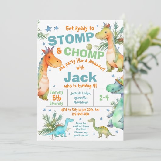 STOMP! CHOMP! Dinosaurus Verjaardagsfeestuitnodigi Kaart (Staand voorkant)