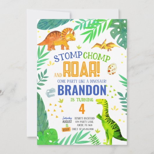 Stomp Chomp En Roar Boy Dinosaurus Verjaardag Kaart (Voorkant)