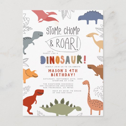 Stomp, Chomp en Roar! Dinosaur Boy Birthday Party Briefkaart (Voorkant)