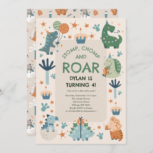 Stomp, Chomp en Roar Dinosaurus Kind jarig Kaart (Voorkant / Achterkant)