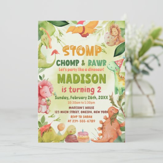 Stomp Chomp en Roar Greenery Dinosaurus Verjaardag Kaart (Staand voorkant)