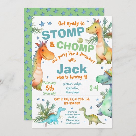 STOMP! CHOMP! Invitation à une fête d'anniversaire (Devant / Derrière)