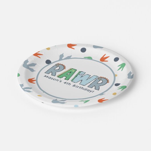 Stomp Chomp Rawr Dinosaurus Verjaardag Papieren Bordje (Gekanteld)