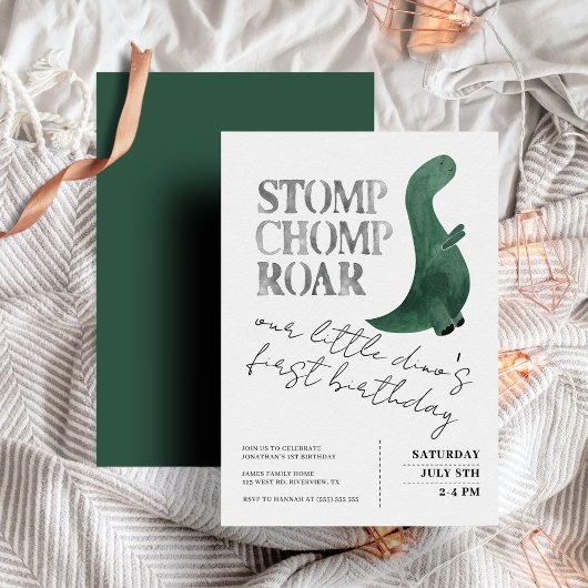 Stomp Chomp Roar Baby Boy Dinosaur First Birthday Kaart