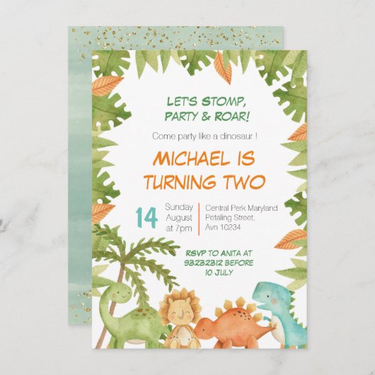 Stomp Chomp Roar Dino Invitation Anniversaire (Devant / Derrière)