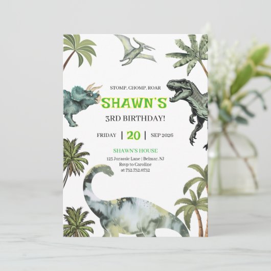 Stomp, Chomp, Roar! Dinosaur 3e verjaardag Kaart (Staand voorkant)