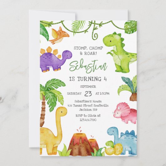 Stomp Chomp Roar Dinosaur Birthday Invitation (Devant)