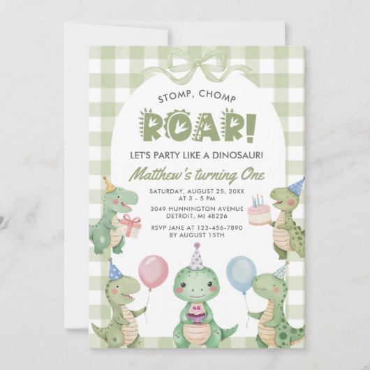 Stomp Chomp Roar Dinosaur Gingham 1e verjaardag Kaart (Voorkant)