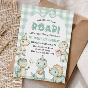 Stomp Chomp Roar Dinosaur Gingham 1e verjaardag Kaart