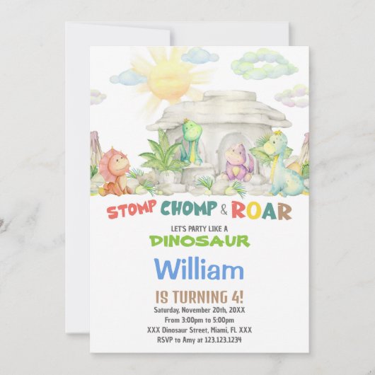 Stomp Chomp Roar Dinosaur Invitation Anniversaire (Devant)