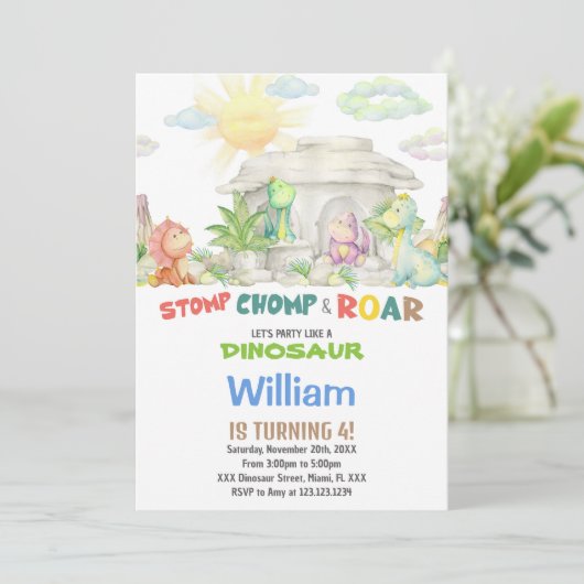 Stomp Chomp Roar Dinosaur Invitation Anniversaire (Debout devant)