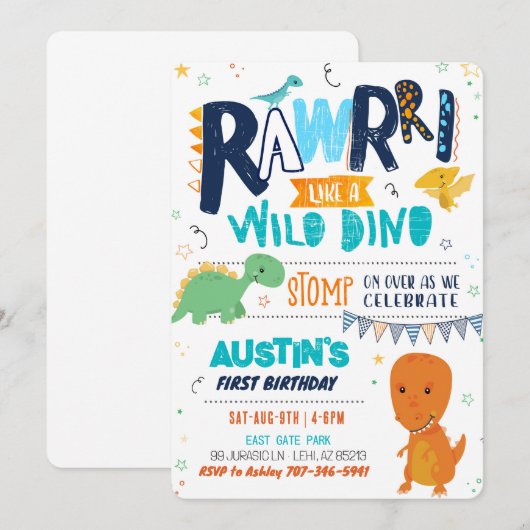 Stomp Chomp Roar Dinosaur Invitation Anniversaire (Devant / Derrière)