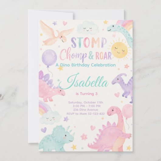 Stomp Chomp & Roar Dinosaur Invitation Editable Kaart (Voorkant)