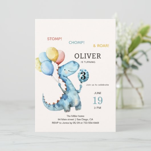 Stomp Chomp & Roar Dinosaur Verjaardag uitnodiging (Staand voorkant)